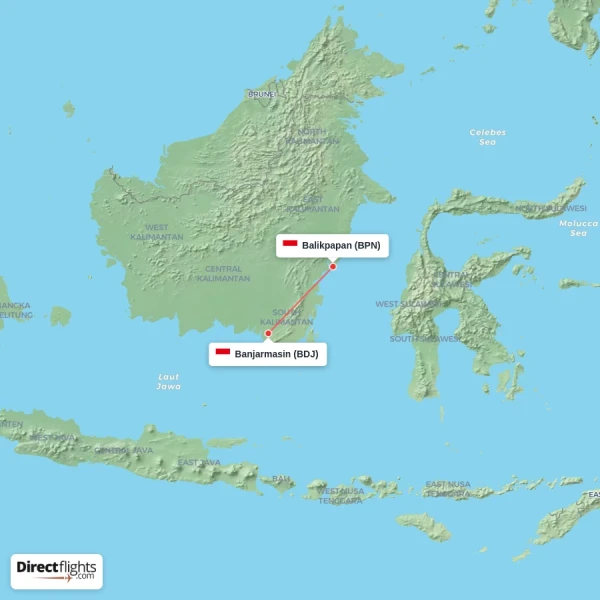 Balikpapan - Banjarmasin direct flight map