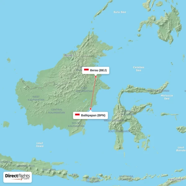 Balikpapan - Berau direct flight map