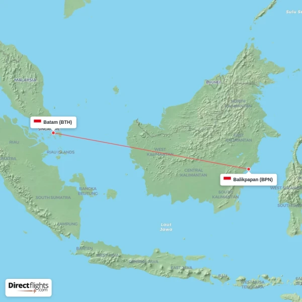 Balikpapan - Batam direct flight map