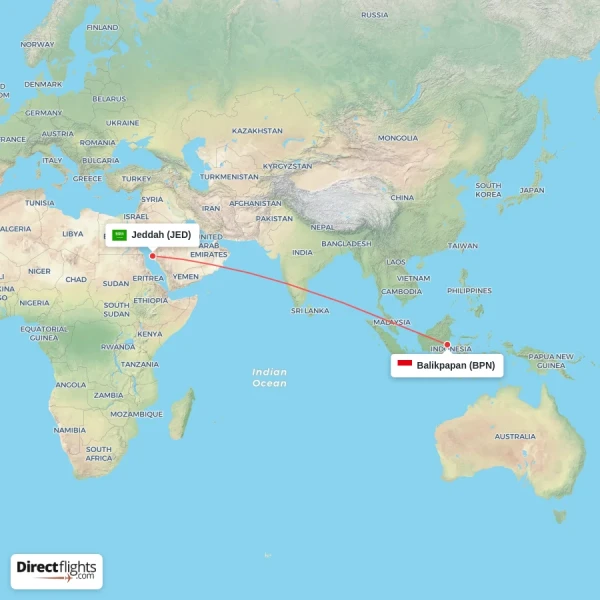 Balikpapan - Jeddah direct flight map