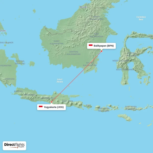 Balikpapan - Yogyakarta direct flight map