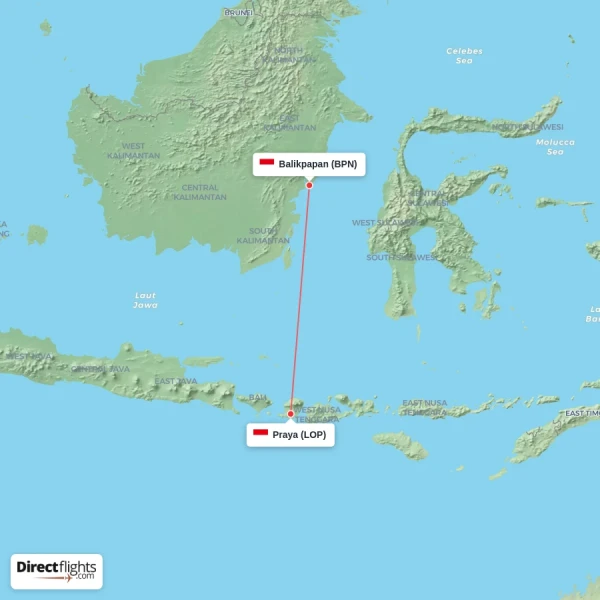 Balikpapan - Praya direct flight map