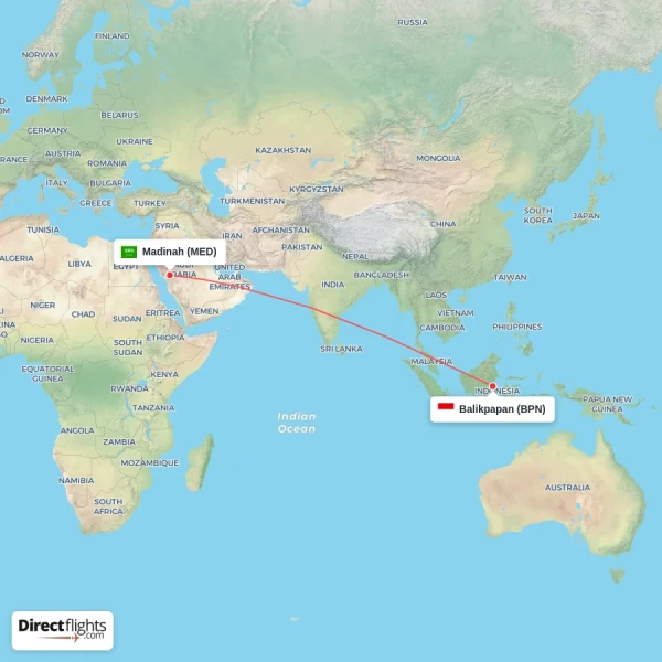 Balikpapan - Madinah direct flight map