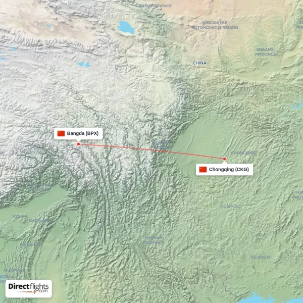 Bangda - Chongqing direct flight map