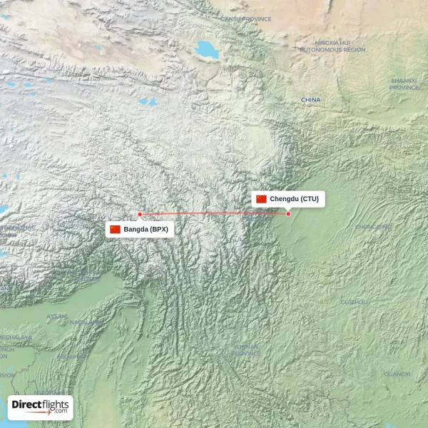 Bangda - Chengdu direct flight map