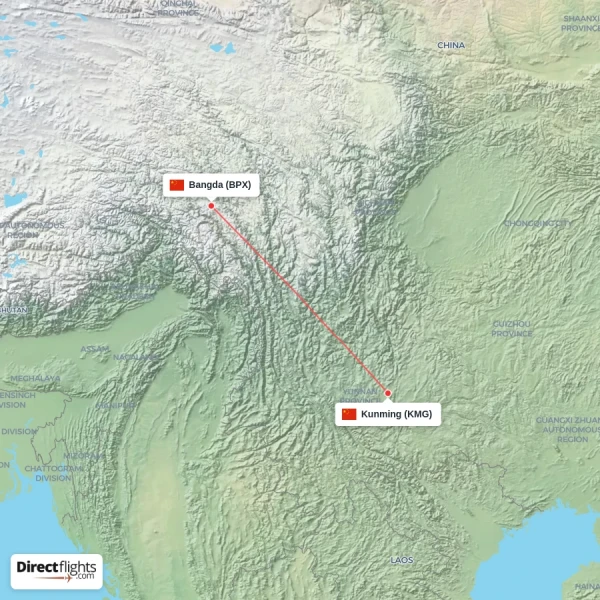 Bangda - Kunming direct flight map