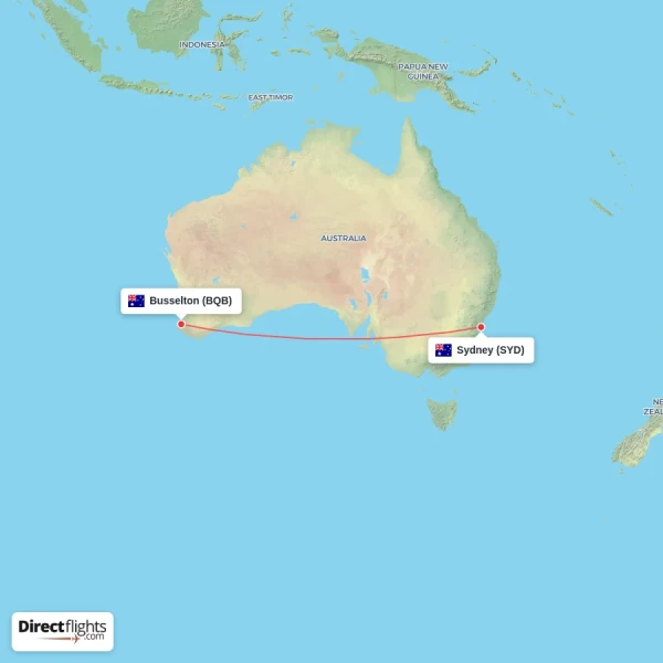 Busselton - Sydney direct flight map
