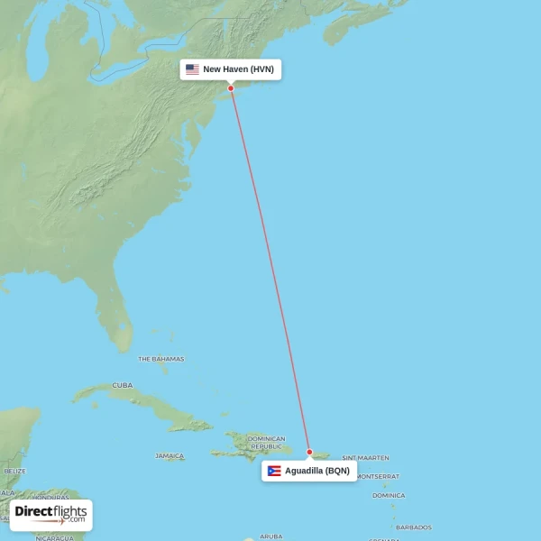 Aguadilla - New Haven direct flight map