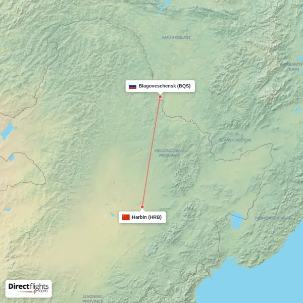 Blagoveschensk - Harbin direct flight map