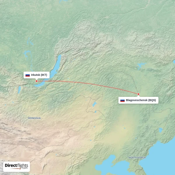 Blagoveschensk - Irkutsk direct flight map
