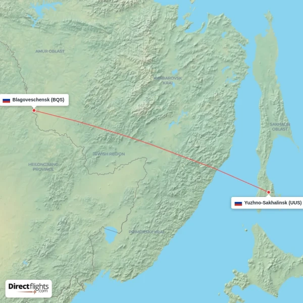 Blagoveschensk - Yuzhno-Sakhalinsk direct flight map