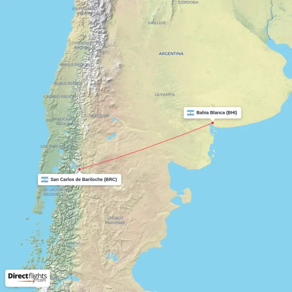 San Carlos de Bariloche - Bahia Blanca direct flight map