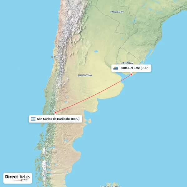 San Carlos de Bariloche - Punta Del Este direct flight map