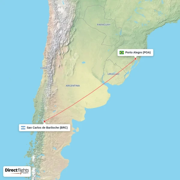 San Carlos de Bariloche - Porto Alegre direct flight map