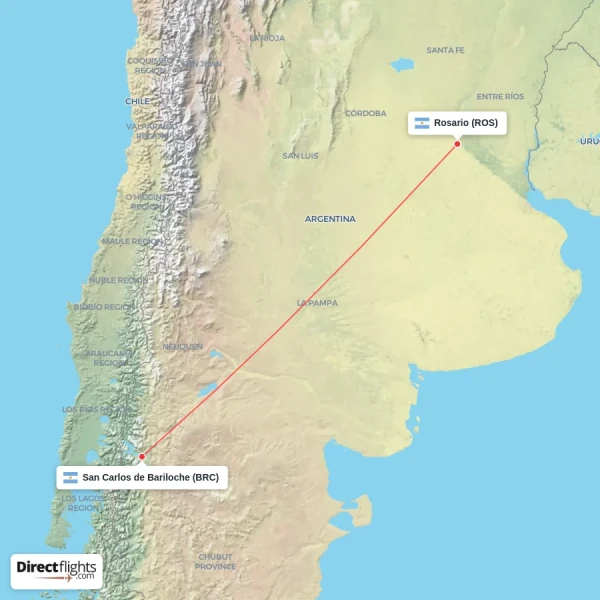 San Carlos de Bariloche - Rosario direct flight map