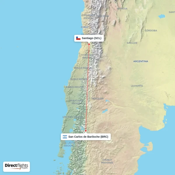 San Carlos de Bariloche - Santiago direct flight map