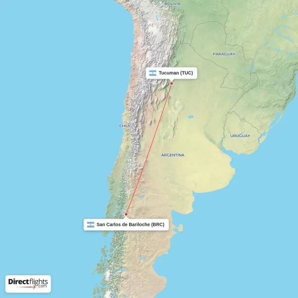 San Carlos de Bariloche - Tucuman direct flight map