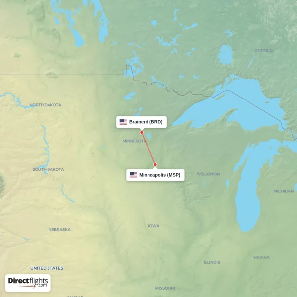 Brainerd - Minneapolis direct flight map