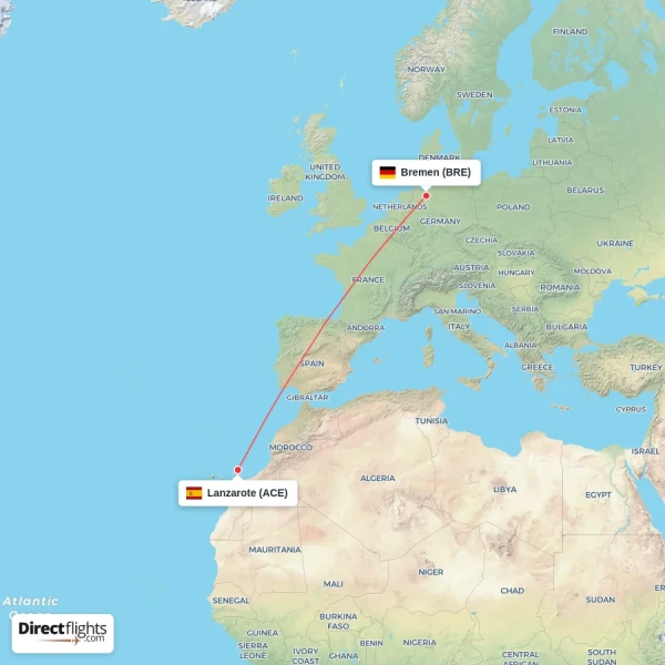 Bremen - Lanzarote direct flight map