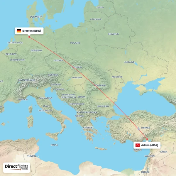 Bremen - Adana direct flight map