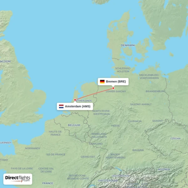 Bremen - Amsterdam direct flight map