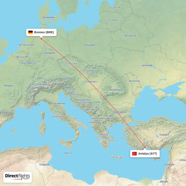Bremen - Antalya direct flight map