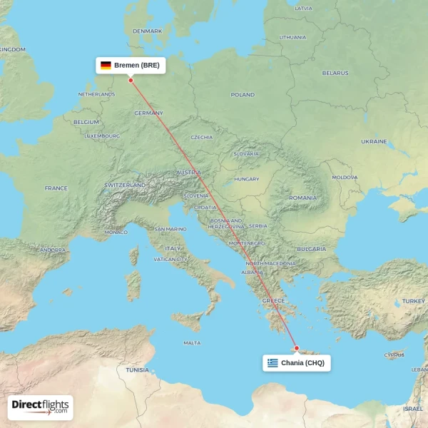 Bremen - Chania direct flight map