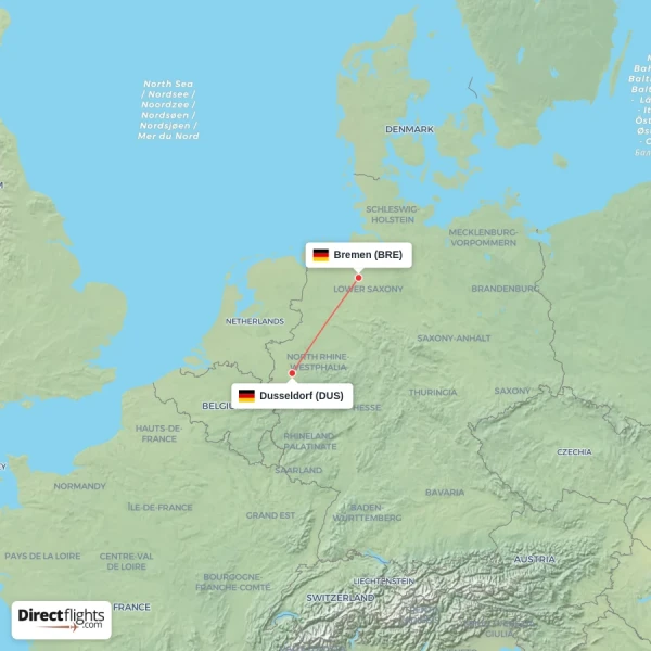 Bremen - Dusseldorf direct flight map