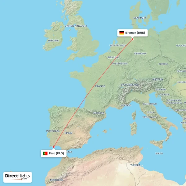 Bremen - Faro direct flight map