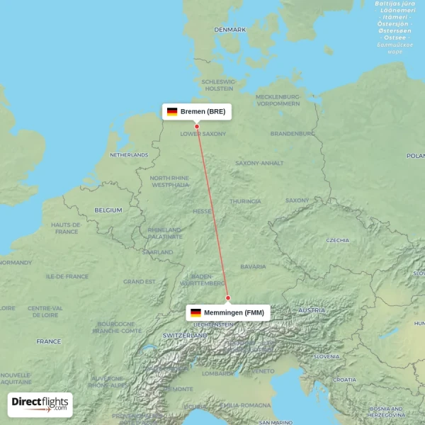 Bremen - Memmingen direct flight map