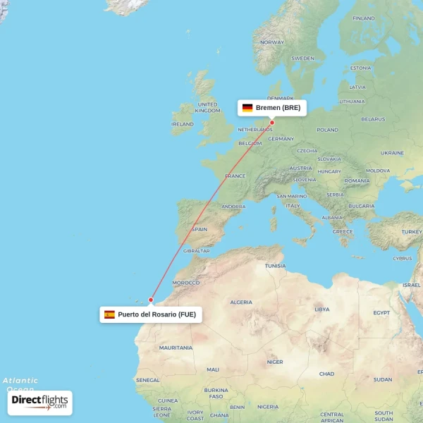 Bremen - Puerto del Rosario direct flight map