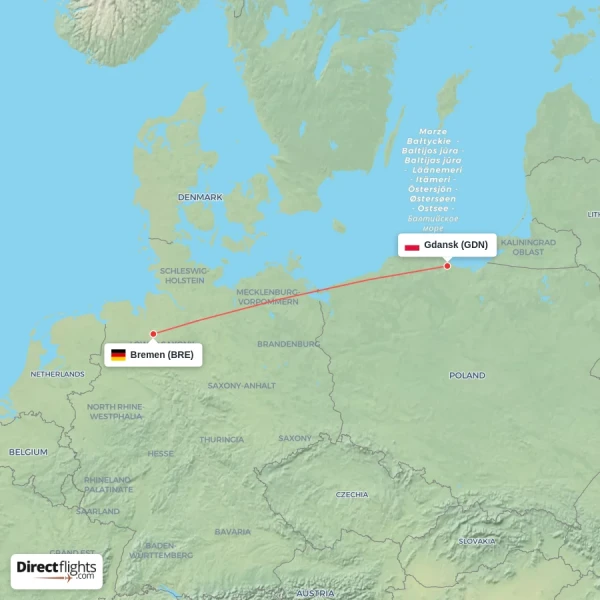 Bremen - Gdansk direct flight map