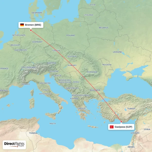 Bremen - Gazipasa direct flight map