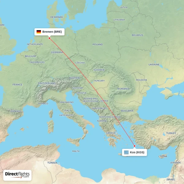 Bremen - Kos direct flight map
