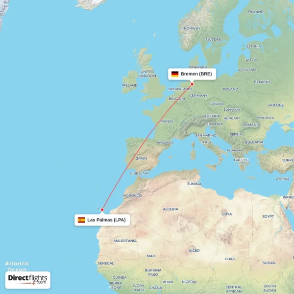 Bremen - Las Palmas direct flight map