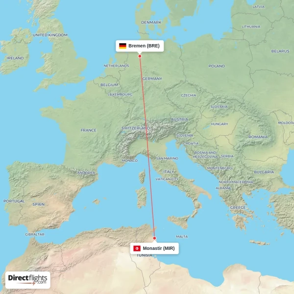 Bremen - Monastir direct flight map