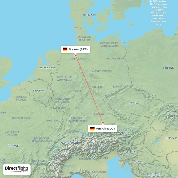 Bremen - Munich direct flight map