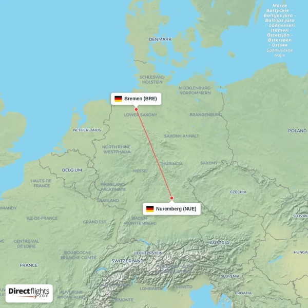 Bremen - Nuremberg direct flight map