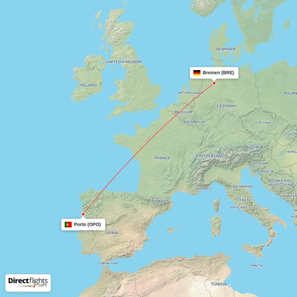 Bremen - Porto direct flight map