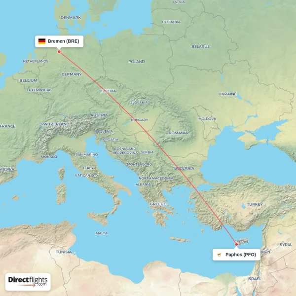 Bremen - Paphos direct flight map