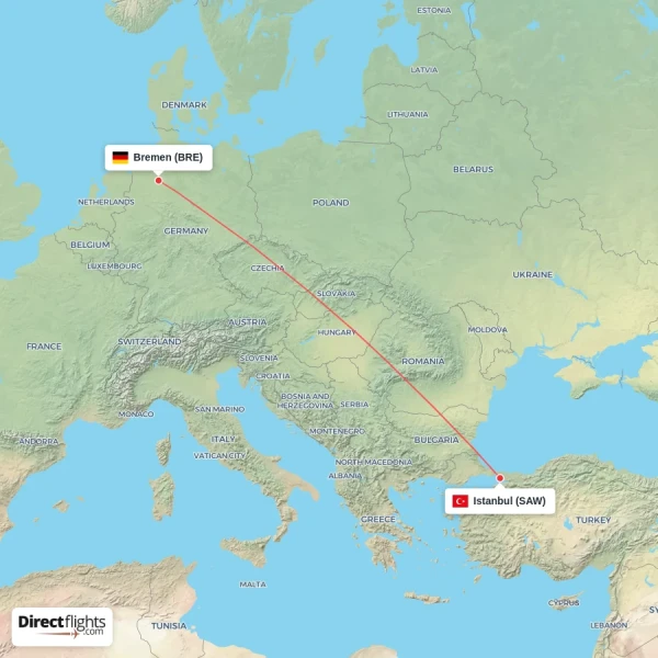 Bremen - Istanbul direct flight map