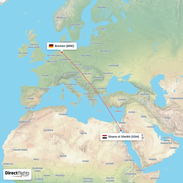 Bremen - Sharm el Sheikh direct flight map