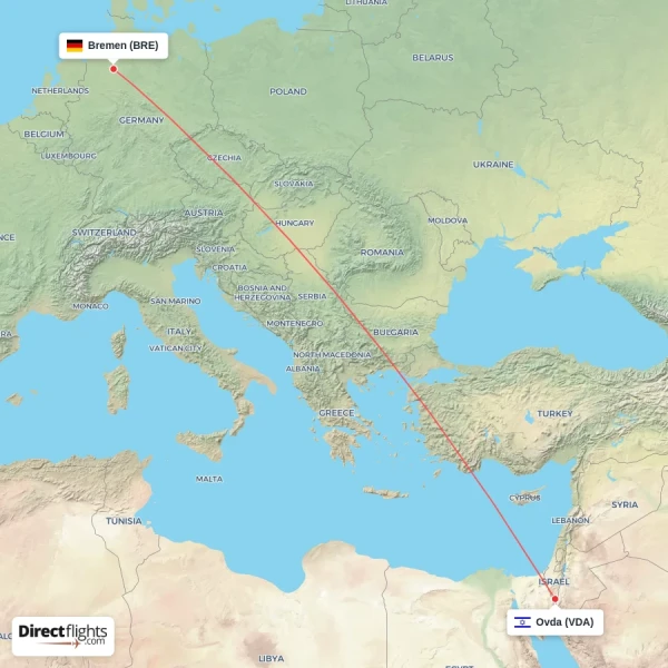 Bremen - Ovda direct flight map