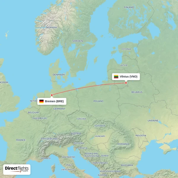 Bremen - Vilnius direct flight map