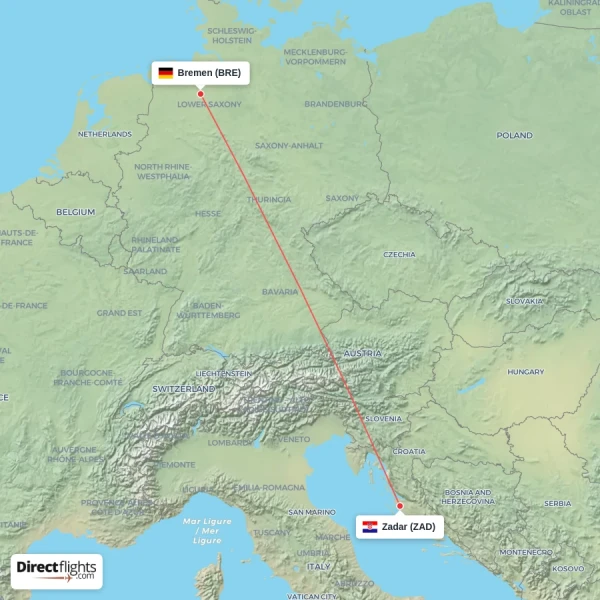 Bremen - Zadar direct flight map