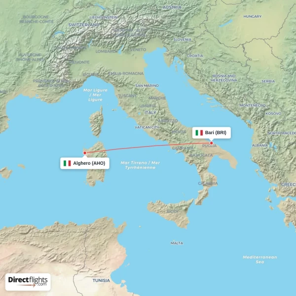 Bari - Alghero direct flight map
