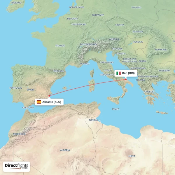 Bari - Alicante direct flight map