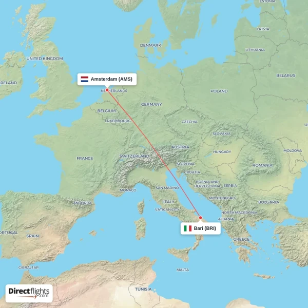 Bari - Amsterdam direct flight map