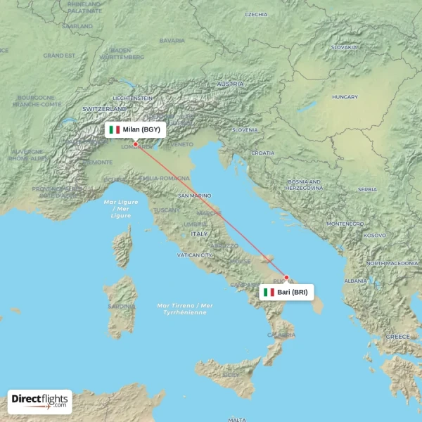 Bari - Milan direct flight map