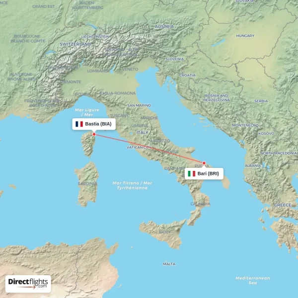 Bari - Bastia direct flight map